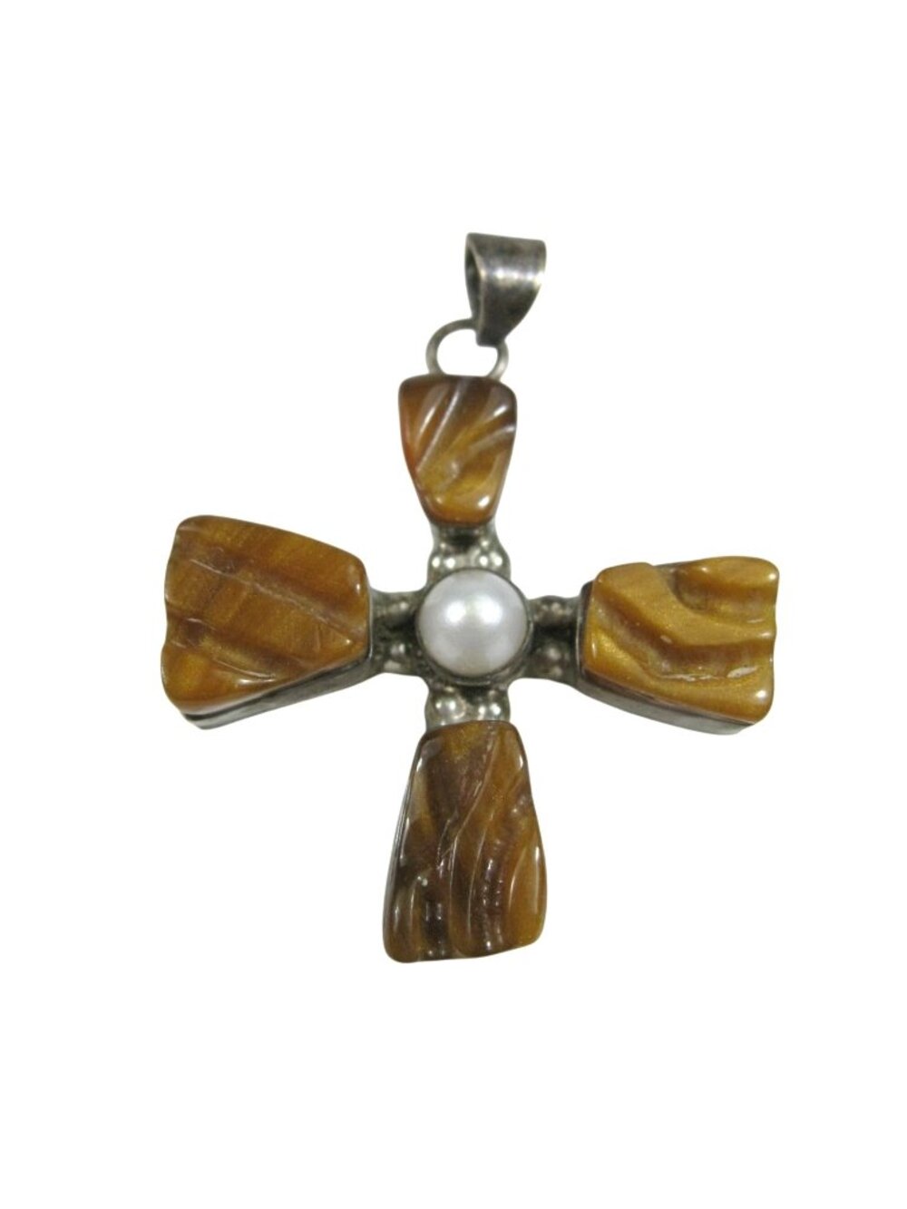 Mexican Silver Tone Cross Pendant Faux Stone Simulated Pearl Mexico